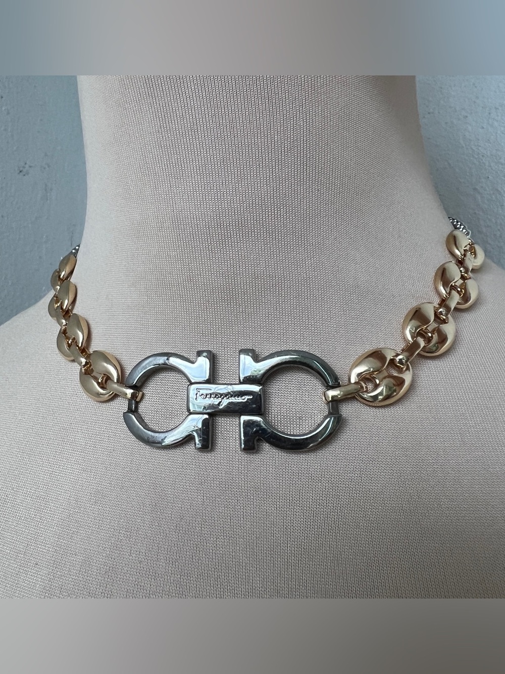 Custom Ferragamo x Junk You! Rescued Two-tone Mariner Link Choker Necklace 15”